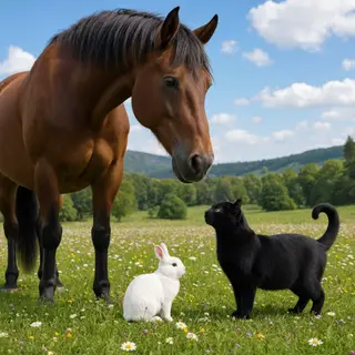 A big brown horse, a small white rabbit, and a medium-sized 