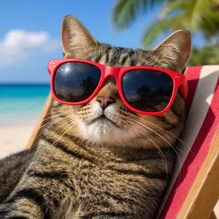 A tabby cat wearing oversized red sunglasses