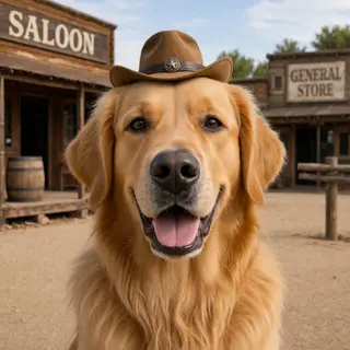 A golden retriever wearing a tiny cowboy hat