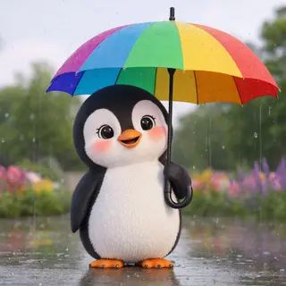 A penguin holding a colorful umbrella