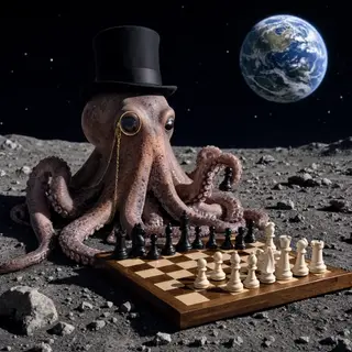 An octopus wearing a top hat and monocle playing chess on th