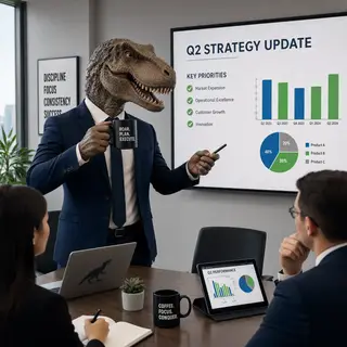A dinosaur in a business suit giving a PowerPoint presentati