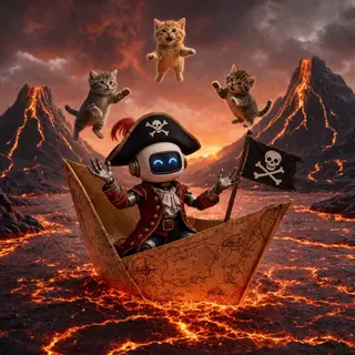 A robot dressed as a pirate sailing a paper boat on a lake o