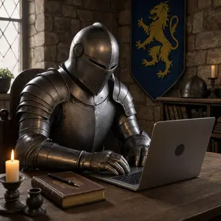 A medieval knight in full armor sitting at a desk typing on 