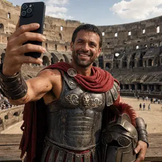 A Roman gladiator taking a selfie with a smartphone in the C