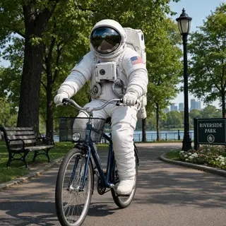 An astronaut in a spacesuit riding a bicycle through a park