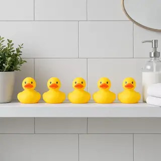 Exactly 5 yellow rubber ducks sitting in a row on a bathroom