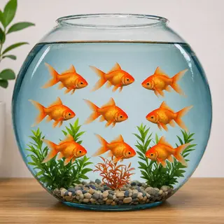 Exactly 9 goldfish swimming in a large round fishbowl