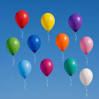 Exactly 11 colorful balloons floating against a clear blue s
