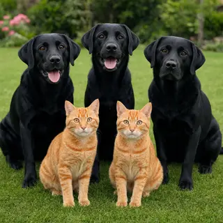 2 orange cats and 3 black dogs sitting together on a grassy 