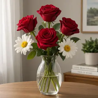 4 red roses and 2 white daisies in a glass vase on a table