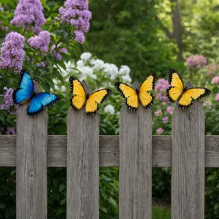 1 blue butterfly and 3 yellow butterflies resting on a garde