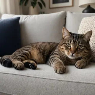 A cat lying on a couch without a collar