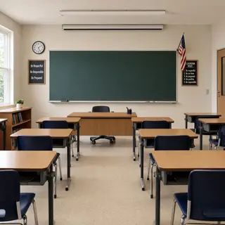 A classroom with desks and a chalkboard but no students