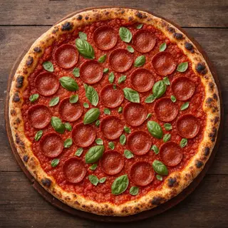 A pepperoni pizza with tomato sauce, basil, and crust but ab