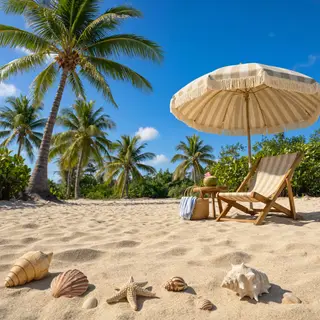 A sandy beach with palm trees, seashells, and a beach umbrel