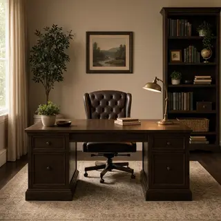 An office workspace with a desk, chair, bookshelf, and lamp 