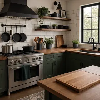 A kitchen with pots, pans, a stove, and a cutting board but 