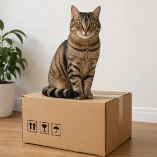 A cat sitting on top of a cardboard box