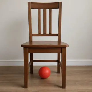 A red ball underneath a wooden chair