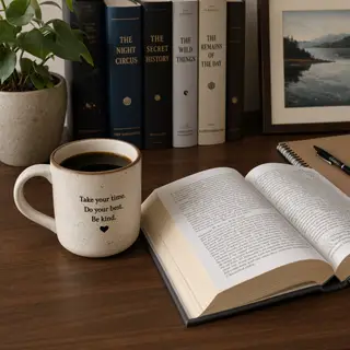 A coffee mug next to an open book on a desk