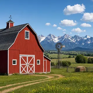A landscape with a red barn in the foreground at large scale