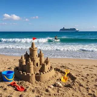 A beach scene with a sandcastle in the foreground, a surfer 