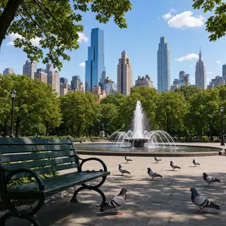 A city park with a park bench and pigeons in the foreground,