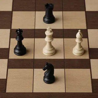 Five chess pieces on a board: a king in the center, a queen 