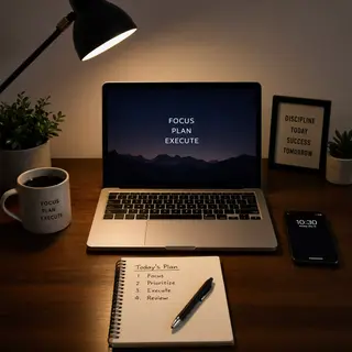 A desk scene: laptop in the center, coffee mug to the left, 