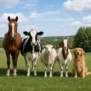 Five animals in a field: a horse on the far left, a cow to t