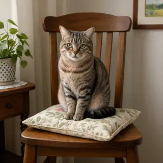 A cat sitting on a pillow, the pillow placed on a wooden cha