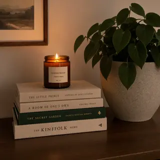 A candle on top of a stack of books, the books next to a pot