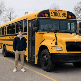A person standing next to a yellow school bus, showing reali