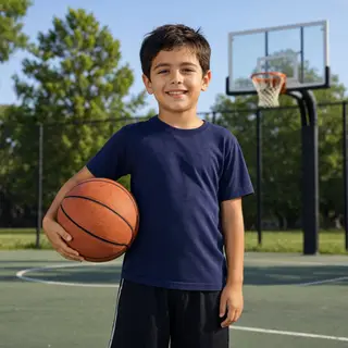 A child holding a basketball, both at correct relative sizes