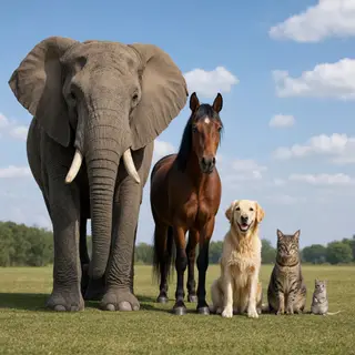 A group photo of an elephant, a horse, a dog, a cat, and a m