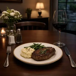 A dinner table scene with a plate, fork, knife, wine glass, 