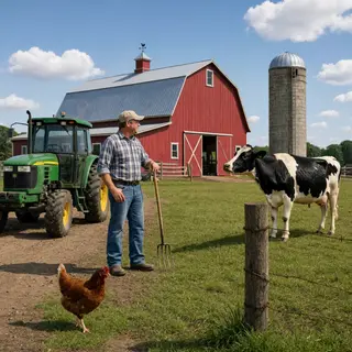 A farm scene with a barn, tractor, farmer, cow, chicken, and