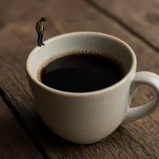 A tiny person standing on the rim of a coffee cup, looking d