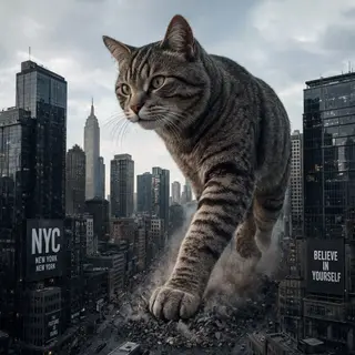 A giant tabby cat walking between city skyscrapers like a ka
