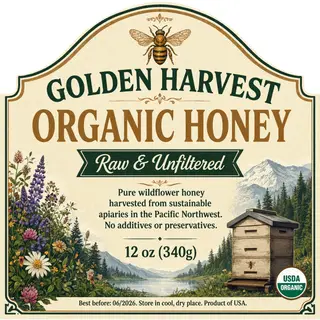 A product label for 'GOLDEN HARVEST ORGANIC HONEY' with subt