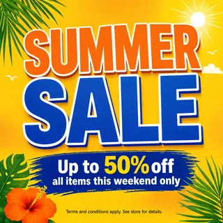 A poster with headline 'SUMMER SALE' in large bold text, bod