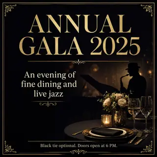 An event banner with headline 'ANNUAL GALA 2025' at the top 