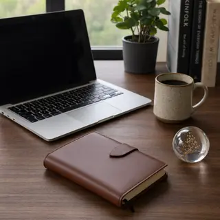 A workspace desk with a brushed aluminum laptop, a leather-b