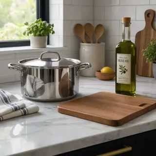 A kitchen counter with a stainless steel pot, a wooden cutti