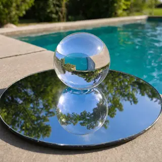 A clear glass sphere sitting on a mirror surface near a pool
