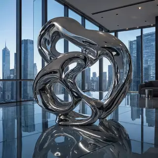 A chrome sculpture in a room with a glass floor and large wi