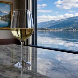 A crystal wine glass on a polished marble counter next to a 