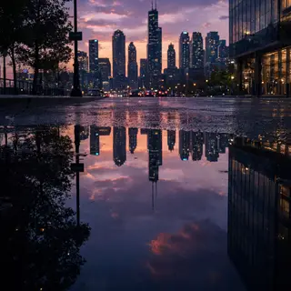 A city skyline reflected in a rain puddle on a street, with 