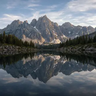 A mountain range reflected in a still alpine lake, with the 